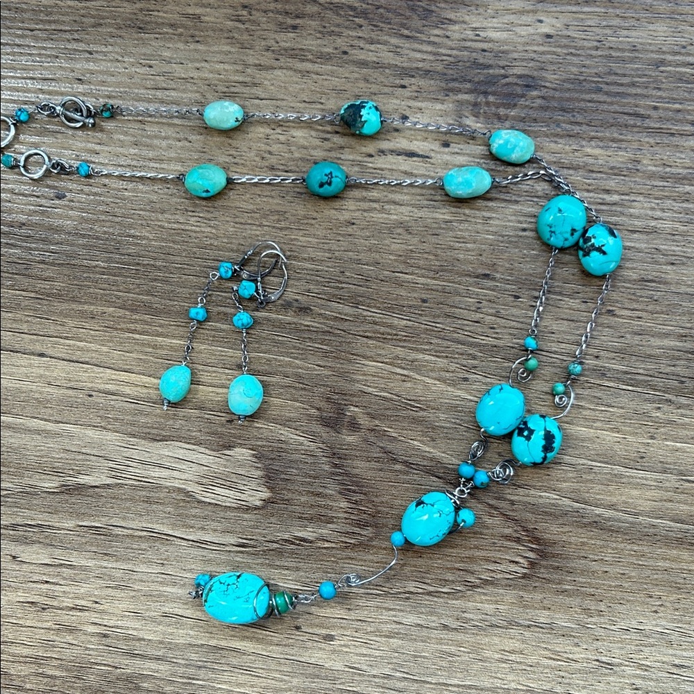 Boho Vintage silver turquoise statement 
Y necklace and earrings. - Picture 9 of 10
